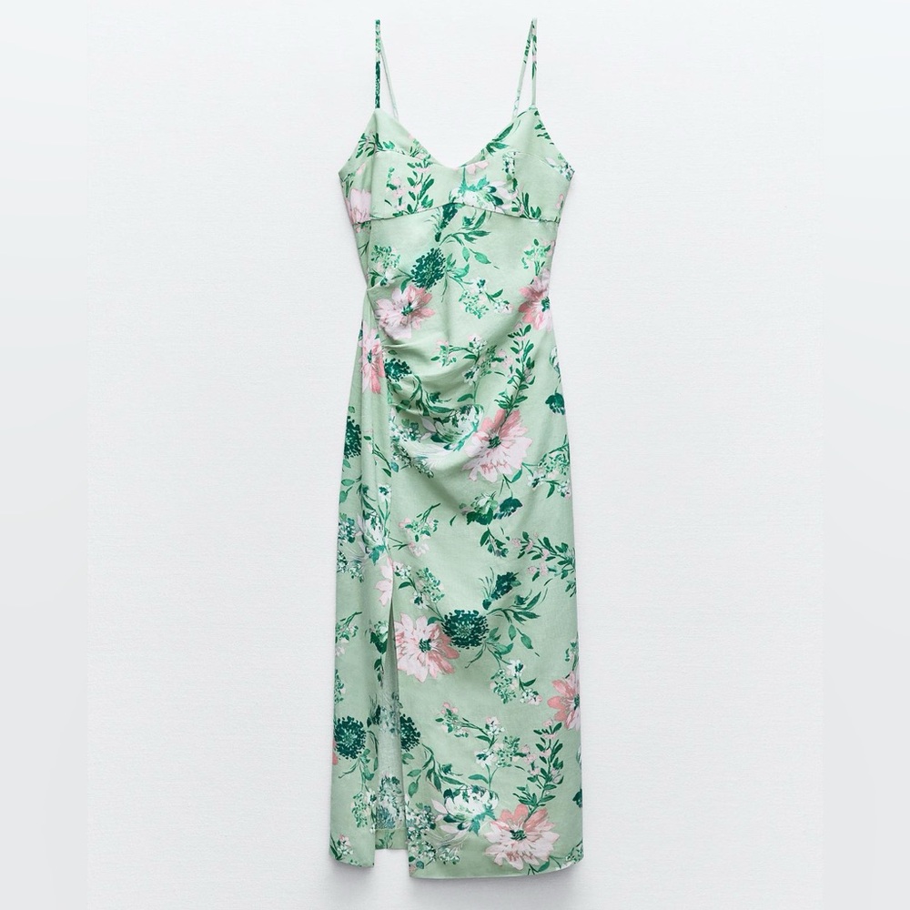 Zara linen blend floral print midi dress